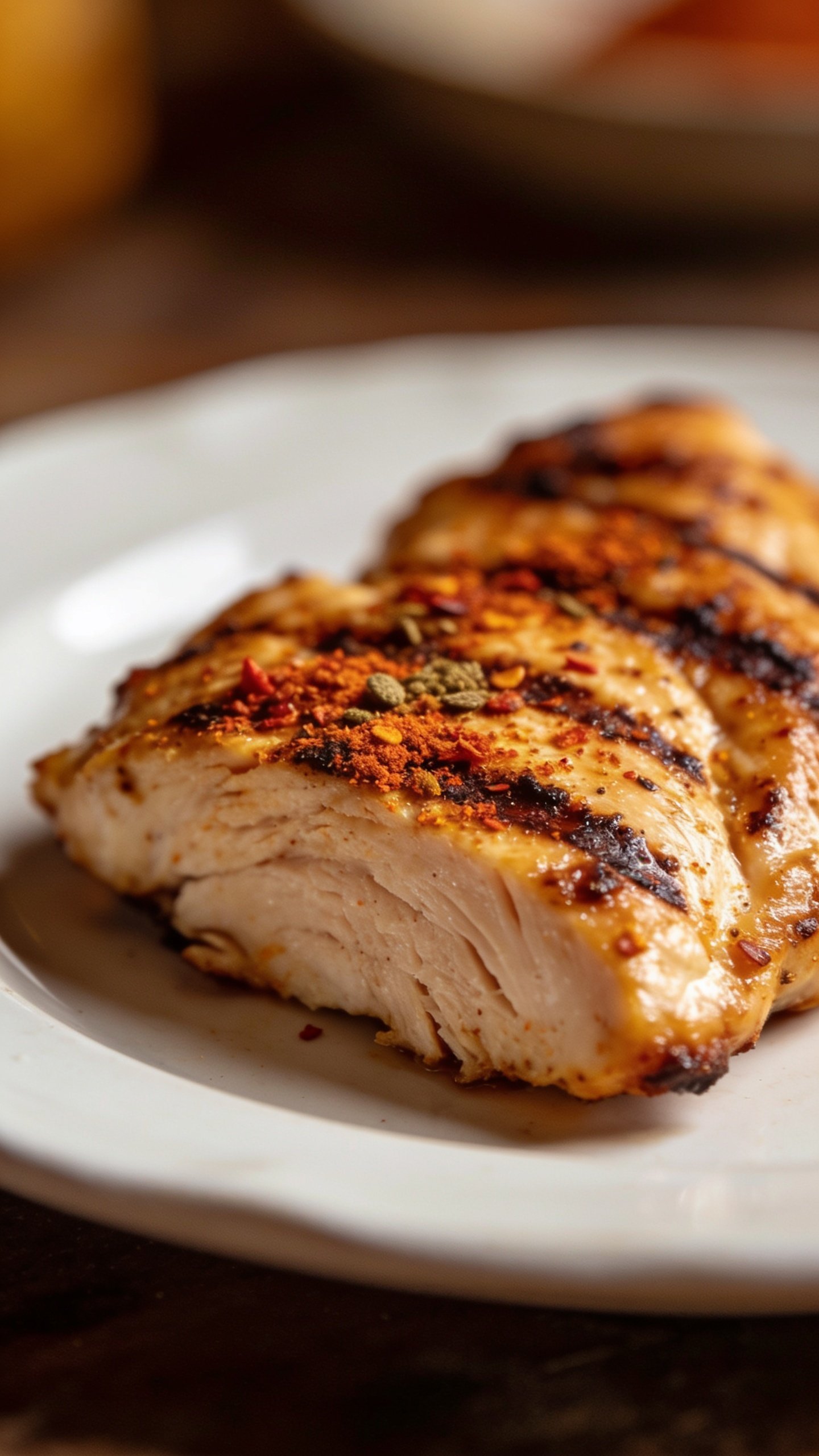 Closeup of grilled chicken breast slice with Southwest spices on a white plate