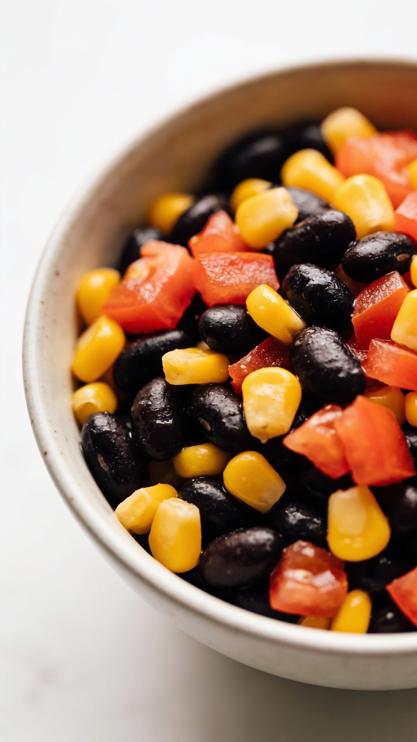 Closeup of a single bowl of black beans with corn and diced tomatoes, bright backdrop