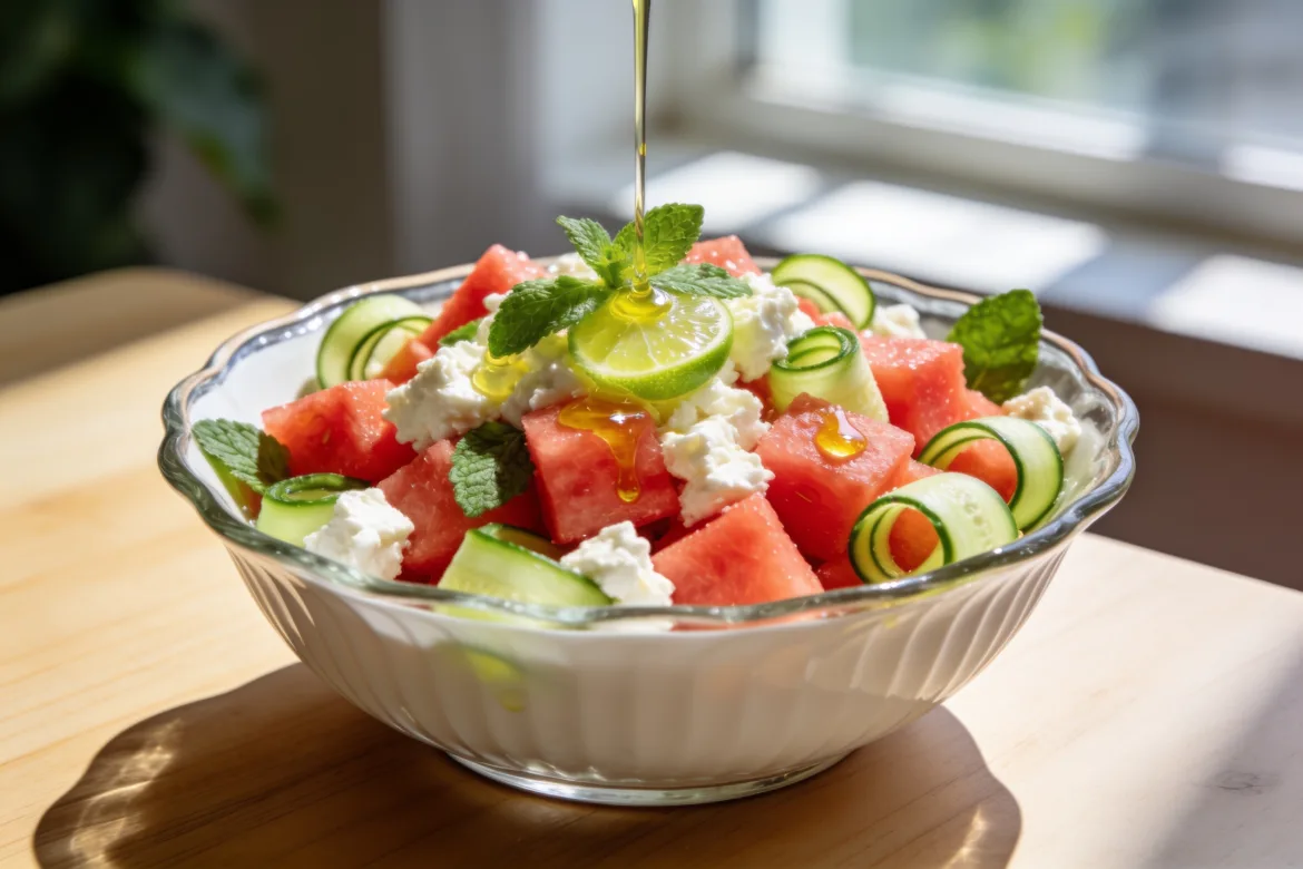 Watermelon Salad With Feta Cheese, Cucumber, and Fresh Mint