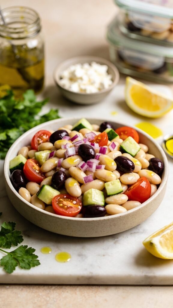 A vibrant Mediterranean White Bean Power Bowl plated on a light slate serving board, shot from a slightly elevated angle to showcase depth and color. The bowl is filled with a bright, sun-kissed mix: creamy white beans, crisp cucumber cubes, halved cherry tomatoes, finely diced red onion, and glossy pitted Kalamata olives, all tossed with a lemon-olive dressing that gives a subtle sheen. Surrounding elements include a handful of fresh parsley sprigs, lemon wedges for garnish, and a few olive oil drops for shine. In the background, softly blurred items suggest a meal-prep scene: a mason jar with dressing, a small bowl of feta crumbles, and a neatly stacked set of glass containers. The lighting is warm and natural, emphasizing the glossy textures of the beans and vegetables, with vibrant, true-to-life colors and a clean, inviting composition that communicates a vacation-in-a-bowl vibe. No text or branding visible.