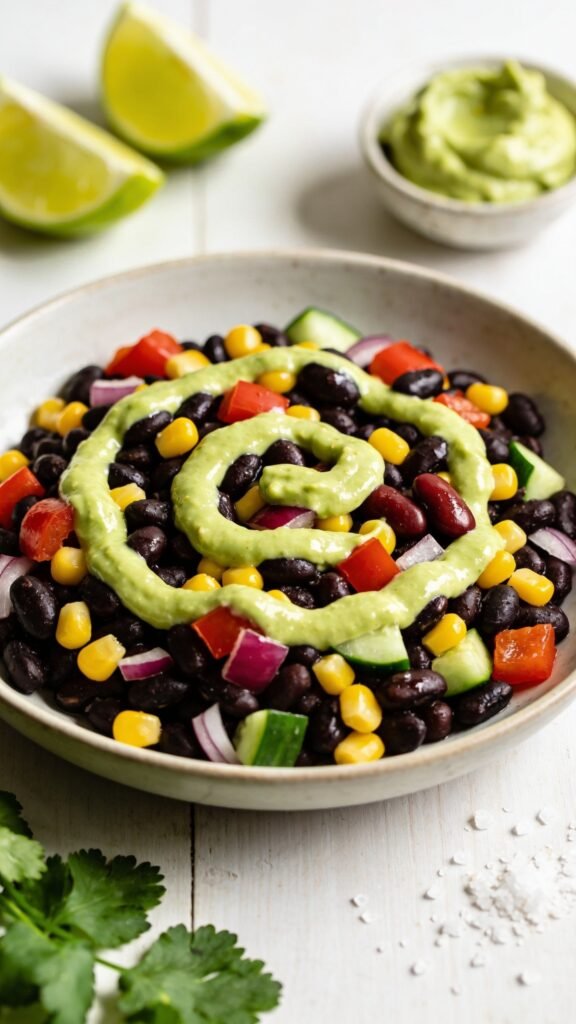 A vibrant, high-resolution food photograph of a plated Black Bean Fiesta dish. Center stage features a glossy, lime-green avocado crema swirled atop a bowl or shallow plate of black beans mixed with bright corn kernels, diced red bell pepper, red onion, and cucumber, with a few plump beans catching the light. Surrounding the bowl, arrange lime wedges for brightness and a small scoop or dollop of avocado crema on the side for contrast. Use natural light to emphasize the creamy texture of the avocado and the glossy beans, with a clean, neutral background (soft white or light wood) and a hint of fresh cilantro leaves and a light sprinkle of sea salt flake for texture. The composition should feel fresh, healthy, and meal-prep friendly, conveying zippiness and creaminess without mushing the ingredients, with a shallow depth of field to subtly blur the background while keeping the main dish razor-sharp.