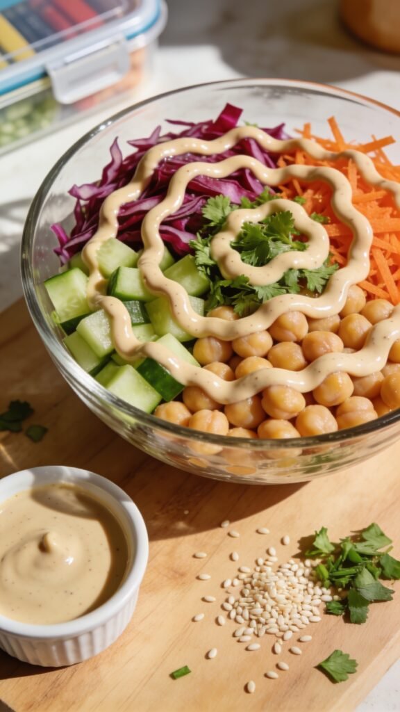 A vibrant, overhead-close food photo of a kid-friendly chickpea crunch salad with tahini drizzle, served in a clear glass bowl on a light wooden surface. The bowl is filled with plump chickpeas, crisp cucumber dice, shredded red cabbage, and grated carrot, all tossed with chopped fresh parsley. A generous, creamy tahini dressing is artistically drizzled in a wavy pattern over the top, catching light to emphasize creaminess. Surround the bowl with a few complementary elements: a small ramekin of extra tahini, a scattering of sesame seeds and chopped herbs, and a softly blurred backdrop of a sunlit kitchen counter with hint of lunchbox essentials (but keep the focus on the main bowl). The lighting is bright and natural, emphasizing the textures: the crisp vegetables, tender chickpeas, and glossy tahini drizzle. Ensure the main subject matches the article title: “3. Kid-Approved Chickpea Crunch Salad With Tahini Drizzle,” with the dish presented as a wholesome, crave-worthy lunch option. No text on the image.